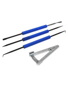 Solder Ease Kit. Model SE1. Set of 4 invaluable soldering tools. A double sided Stiff Cleaning Brush with Scraper. 2: Double Sided probes. 1: Single and duel pronged. 1: Pointed elbow probe and Angled Scraper and 1 Heat Sink for protecting soldered compon